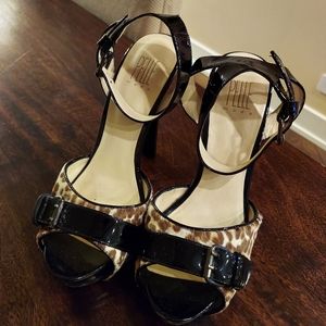 Woman's cheetah fur, black patent leather with ankle strap